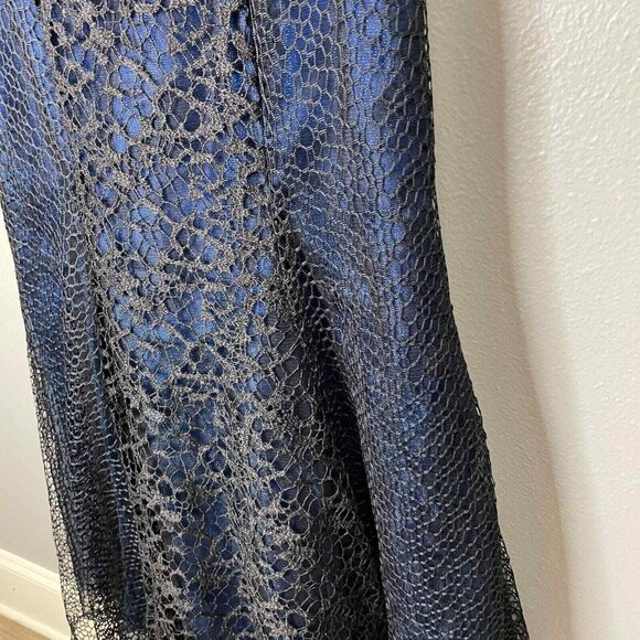 Monique Lhuillier Crochet Lace Dress Womens 6 Blue Black Shimmer Mermaid - Picture 5 of 13